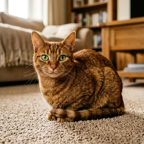 Realistic Domestic Cat Image | Green-Eyed Feline on Beige Carpet