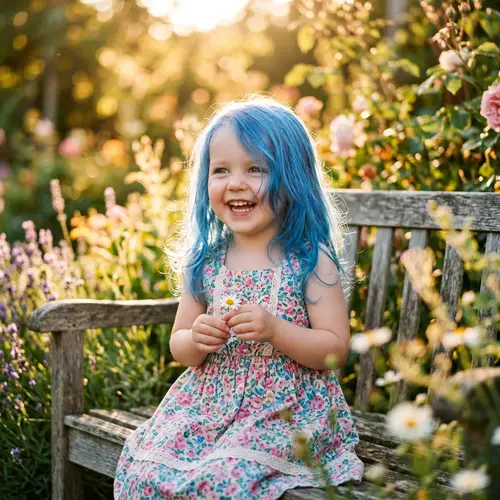 Enchanting Portrait of Smiling Three-Year-Old Girl with Blue Hair