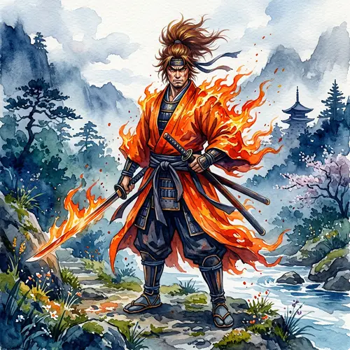 Fiery Samurai Warrior Watercolor Painting