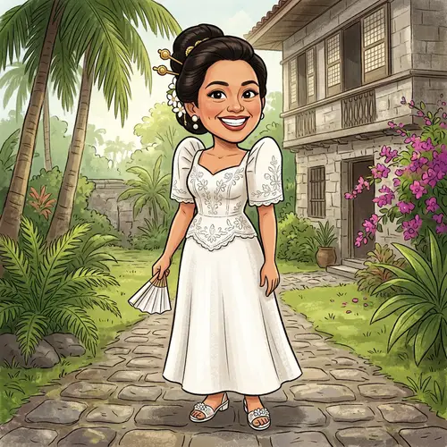 Simple White Filipiniana Dress Caricature of Female