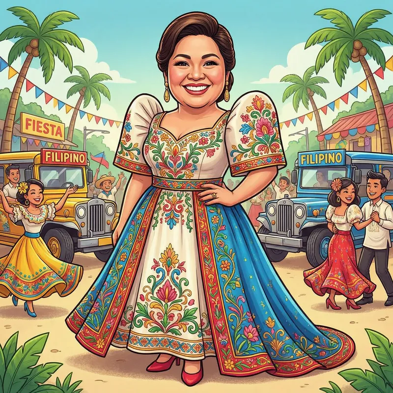 Filipiniana Dress Caricature: Full-bodied Woman with Elegant Posture