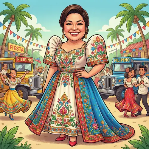 Filipiniana Dress Caricature: Elegant Full-bodied Woman