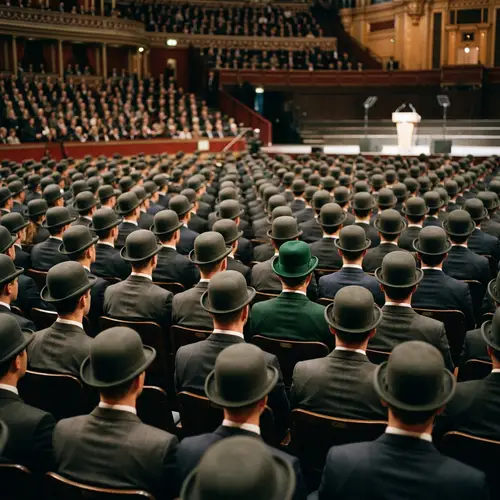 Synchronized Crowd in Suits with Unique Green Hat Character