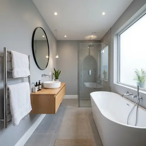 Modern Bathroom Renovation with Freestanding Bathtub and Stylish Fixtures