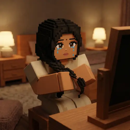 Roblox Style South Asian Woman Braiding Hair and Crying