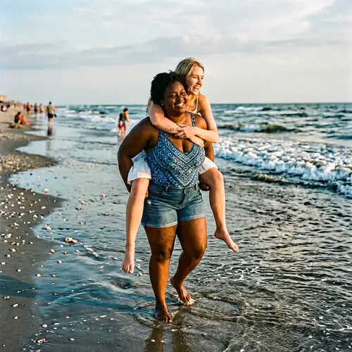 Joyful Moment: Black Woman Carries Blonde on Shore