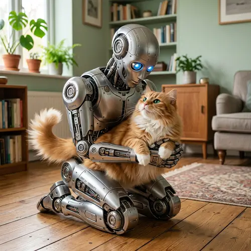 Metallic Robot Holding Orange Cat | Serene Room Setting