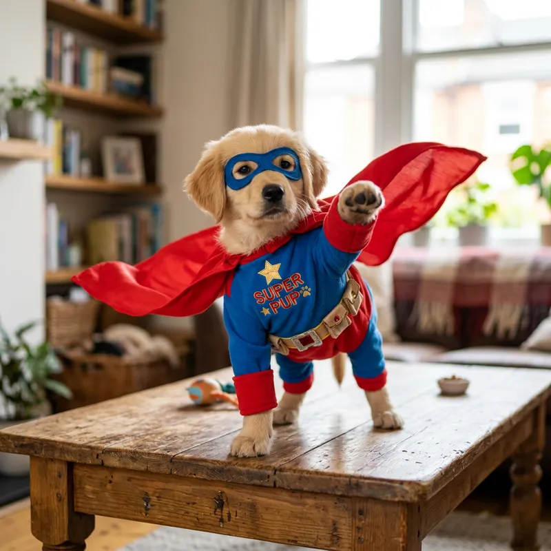 Superhero Dog on Table: Brave Canine Costume Heroics