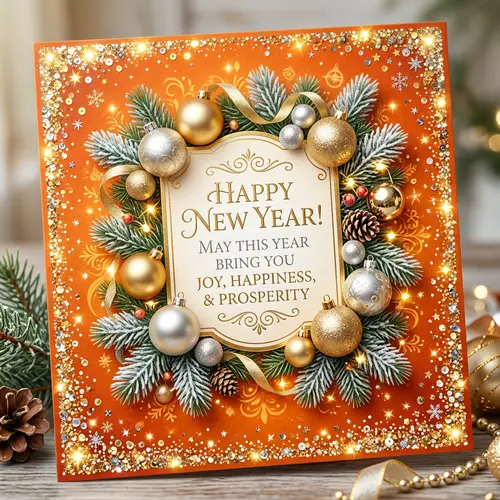 Festive New Year's Greeting Card with Shiny Toy Balls and Fir Branches