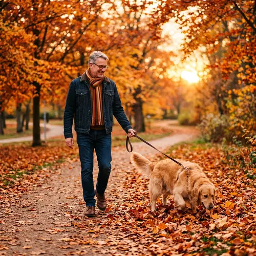 Fall Park Stroll: Man & Golden Retriever Enjoying Autumn