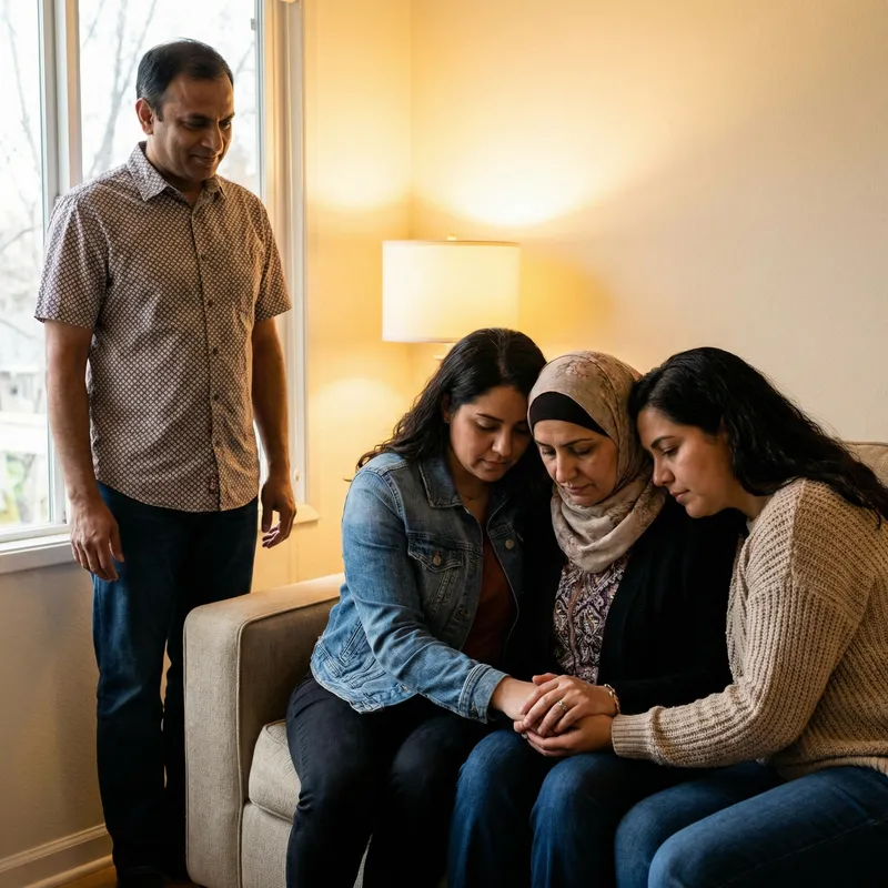Supportive Scene: Man Standing, Women Consoling Sitting Woman