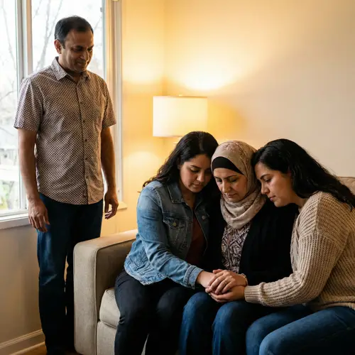 Diverse Support: Man Standing, Women Consoling Sitting Woman