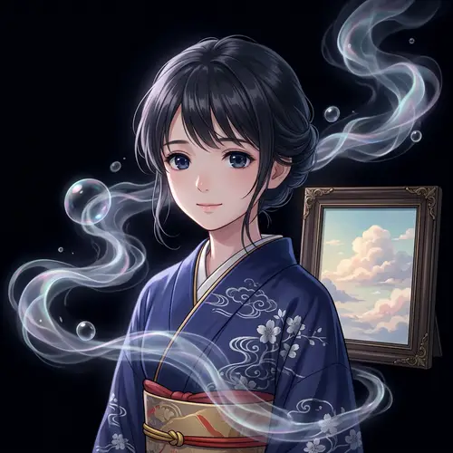Beautiful Anime Girl in Dark Blue Kimono - Ethereal Smoke Effect