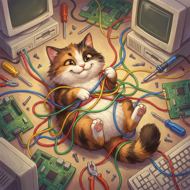 Mischievous Cat Tangled in Colorful Wires