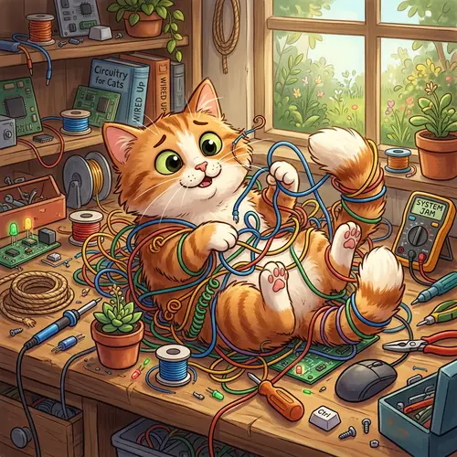 Playful Cat Tangled in Colorful Wires