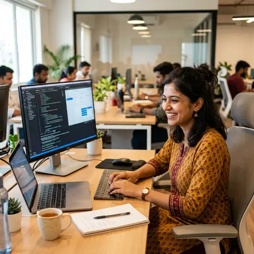 Smiling South Asian Woman Working on Computer
