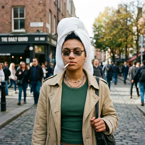 Person with Towel Headwrap and Hand-Drawn Sunglasses