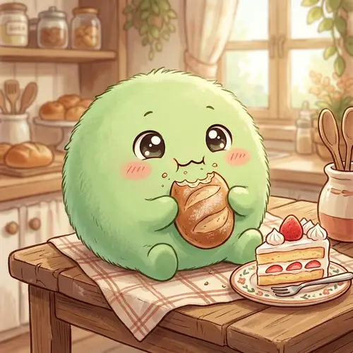 Adorable Cotmos: Cute Green Ball Eating Bread and Cake