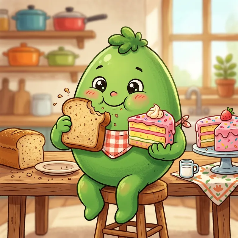 Adorable Green Egg Character with Cute Face Eating Bread and Cake