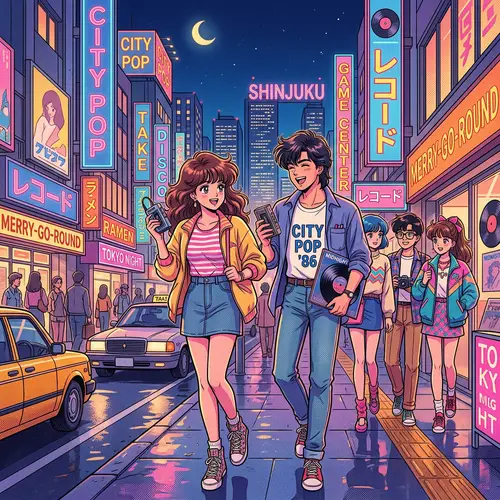 Retro Anime Characters in 80's City Pop Style