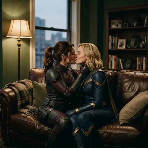 Unique TV Series-Inspired Female Superheroes Kissing on Couch