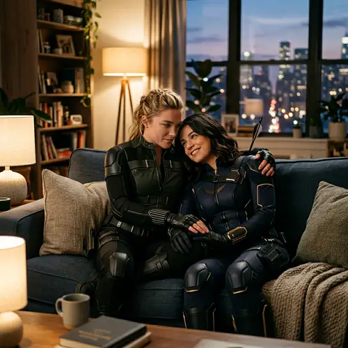 Strong Female Superheroes Sharing a Tender Moment on the Couch