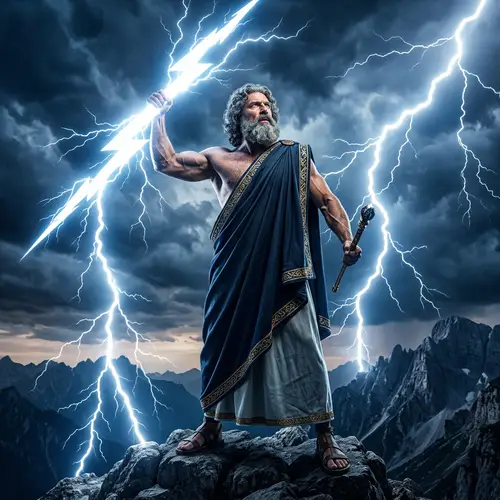 Powerful Mythical Figure with Thunderbolt and Lightning