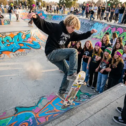 Dynamic Skateboarding Scene: Teenage Boy in a Colorful Skate Park