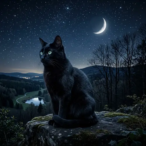 Elegant Black Cat Under Moonlight | Mystical Nocturnal Scene
