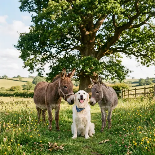 White Golden Retriever & Donkeys: Best Friends in Serene Field