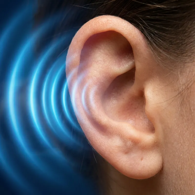 Hyper-Realistic Human Ear Image with Blue Sound Waves