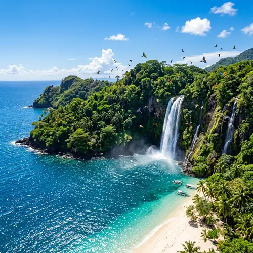 Tranquil Island Paradise - Azure Sky, Tropical Vegetation & Waterfall