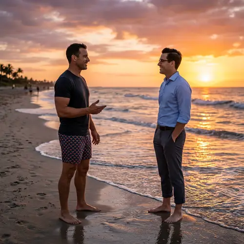 Sunset Beach Conversation: Athletic vs Businessman