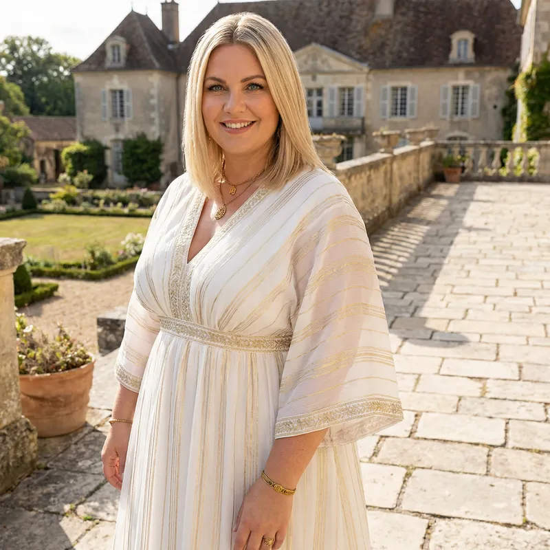 Captivating Girl in White Dress with Golden Accents