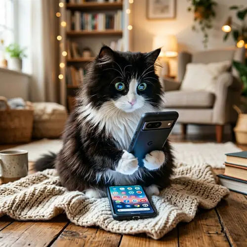 Adorable Long-Haired Tuxedo Cat with Smartphone