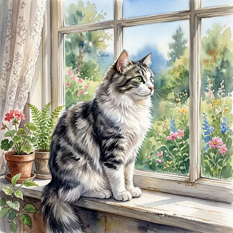 Majestic Watercolor Cat on Windowsill - Soft and Shimmering