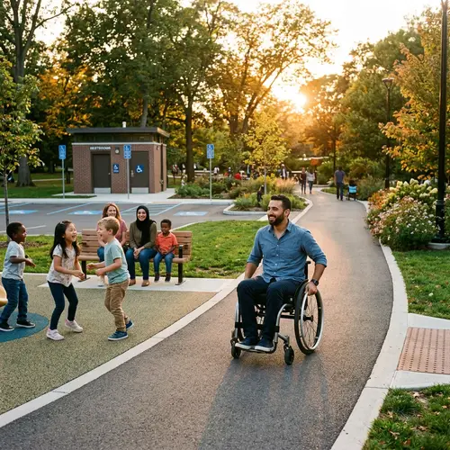 Inclusive City Park with Accessible Pathways and Joyful Atmosphere