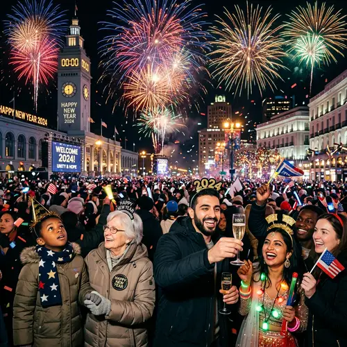 Global New Year's Celebration in Vibrant City Square
