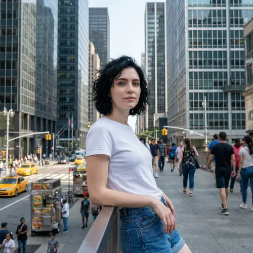 Young Woman with Blue Eyes in Cityscape | 8K Resolution Artwork