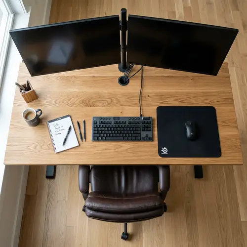 Neatly Arranged Oak Computer Desk with Dual Monitors & Gaming Mouse Pad