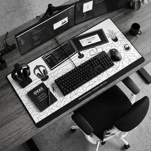 Black and White Computer Workspace Setup | Mouse Pad Design