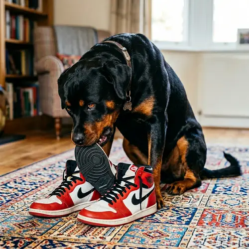Playful Rottweiler Dog Chewing on Colorful Jordan Sneakers