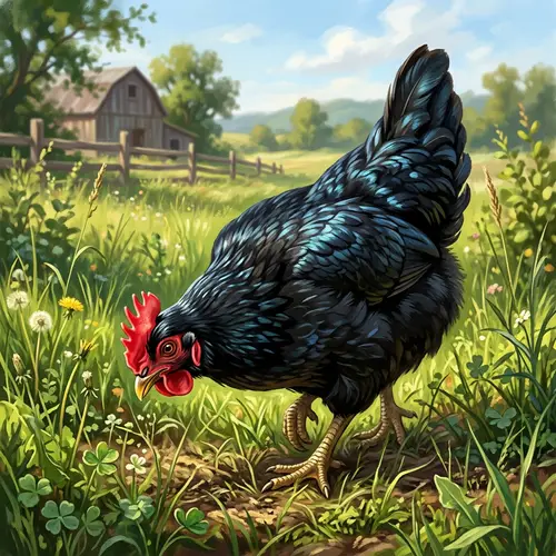 Mature Black Hen with Glossy Feathers in Sunlit Field