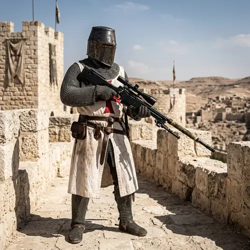 Medieval Crusader with Modern Sniper Rifle
