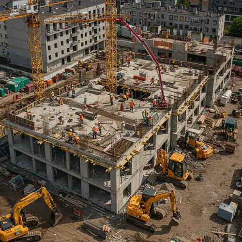 Apartment Building Construction with Machinery & Cranes