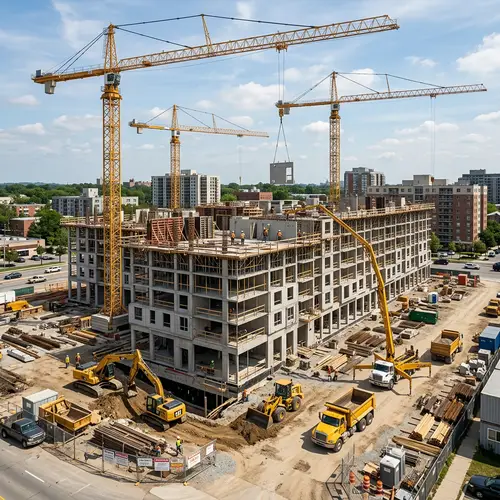 Apartment Building Construction with Machinery & Cranes