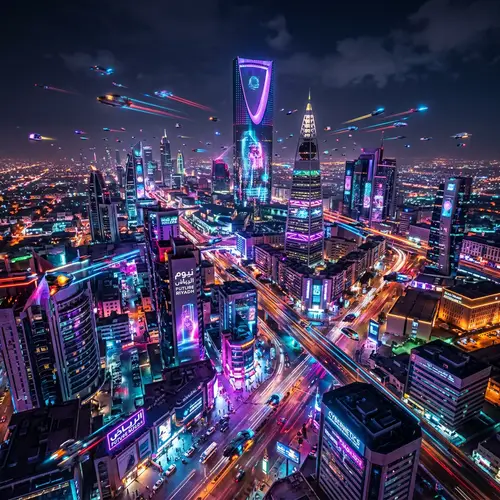 Futuristic Riyadh, Saudi Arabia - Neon Nights & Flying Cars