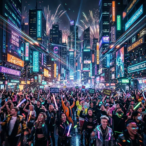 Futuristic Cyberpunk City Skyline | Diverse New Year Celebration