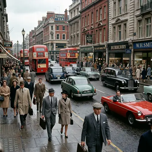 1960s London Street with Classic Cars and Suited People