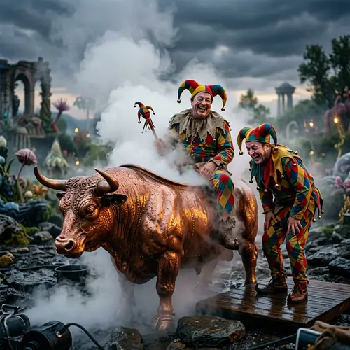 Surreal Jesters Steaming in Copper Bull Realism 4K